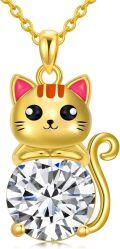 wholesale Gold 925 Sterling Silver 5A Cubic Zirconia Cartoon Cat Pendant Necklace for Women-0-0