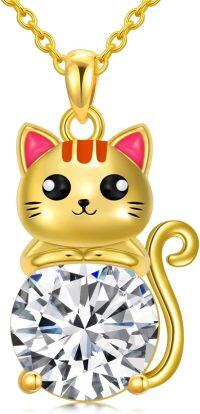 wholesale Gold 925 Sterling Silver 5A Cubic Zirconia Cartoon Cat Pendant Necklace for Women-C-Cat