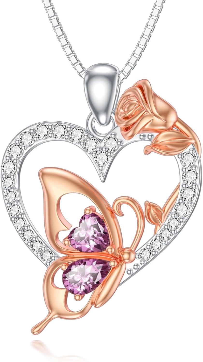  Sterling Silver Zircon Butterfly Heart Necklace for Women Birthday Gift -June