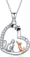 wholesale 925 Sterling Silver Heart-Shaped Cat and Dog Pendant Necklace with Cubic Zirconia Stones - I Love You Forever-0-0