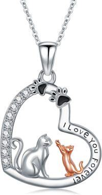 wholesale 925 Sterling Silver Heart-Shaped Cat and Dog Pendant Necklace with Cubic Zirconia Stones - I Love You Forever-Cat Necklace