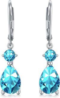 wholesale 925 Sterling Silver Clear Birthstone Dangle Leverback Earrings for Women-3-March-Swiss Blue Topaz