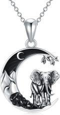 wholesale 925 Sterling Silver Elephant Crescent Moon Necklace Pendant with Black Crystal and Leaf Charm-0-0