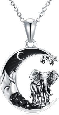 wholesale 925 Sterling Silver Elephant Crescent Moon Necklace Pendant with Black Crystal and Leaf Charm-Elephant