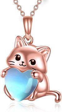 wholesale 925 Sterling Silver Heart-Shaped Blue Stone Cat Pendant Necklace for Women-rose