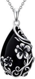 wholesale Daisy/hibiscus/lotus/rose/peony/sunflower Necklace 925 Sterling Silver Teardrop Black Onyx Pendant Vintage Flower Jewelry Gifts For Women -0-0