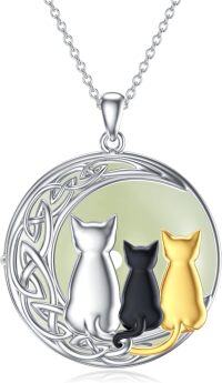 wholesale Sterling Silver Jade Necklace Cat Hummingbird Dragonfly Butterfly Bee Jewelry Gift for Women Mom-Cats 3-White Gold