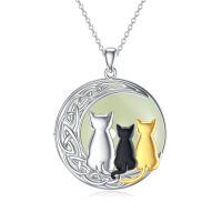 wholesale 925 Sterling Silver Cat On Moon Pendant Necklace-Cats 3-White Gold