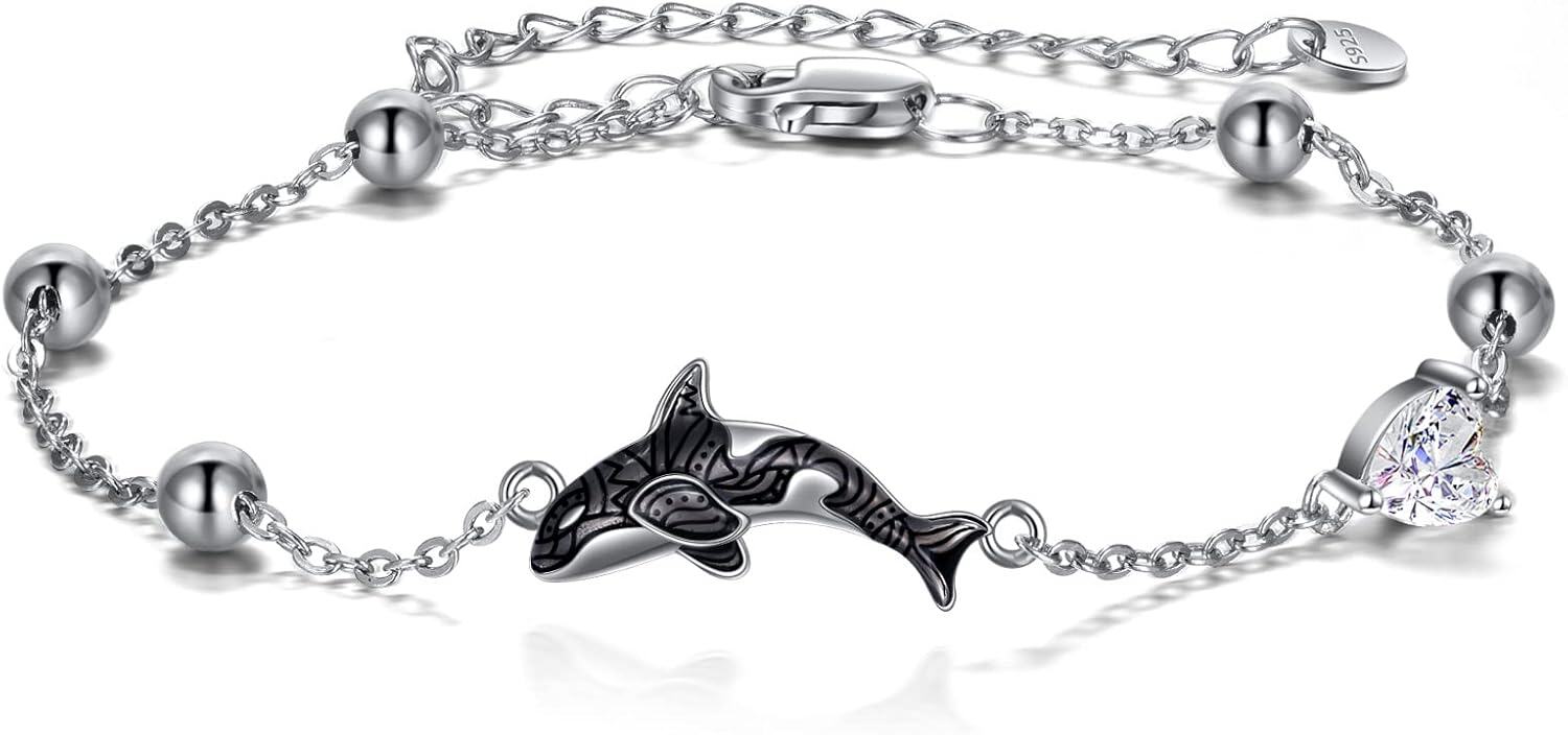 wholesale 925 Sterling Silver Dolphin & Heart Charm Bracelet for Women - Adjustable Length s-0-0