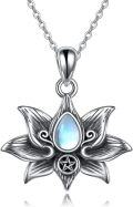 wholesale 925 Sterling Silver Lotus Flower Moonstone Pentagram Pendant Necklace Wiccan Jewelry-0-0