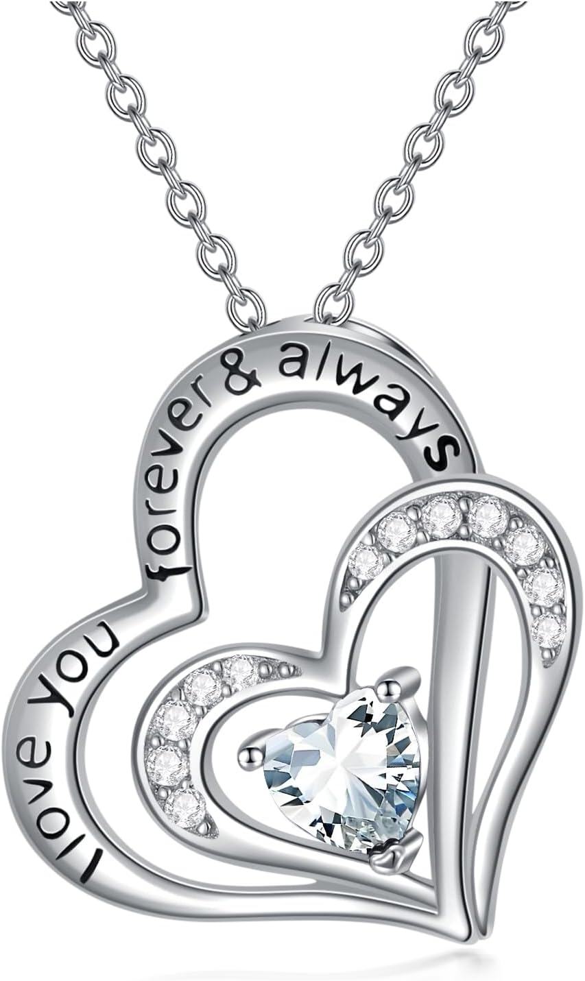 Sterling Silver CZ Heart Birthstone Necklace for Women Anniversary Gift-4-April