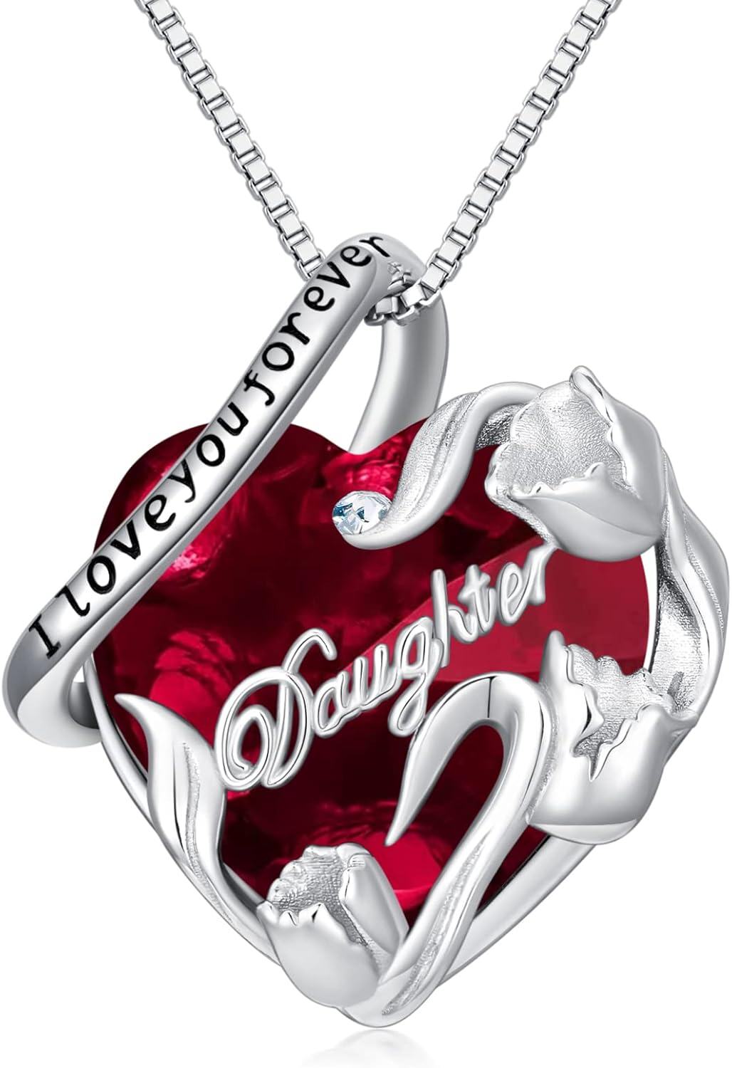 Sterling Silver Sterling Silver Stone Daughter Heart Pendant Necklace from Dad Mom I Love You Forever Jewelry-12-07-July-Dark Red