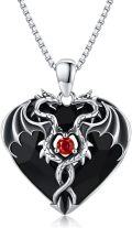 wholesale 925 Sterling Silver Heart-Shaped Red Stone Double Dragon Pendant Necklace-0-0