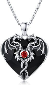 wholesale 925 Sterling Silver Heart-Shaped Red Stone Double Dragon Pendant Necklace-Red-1