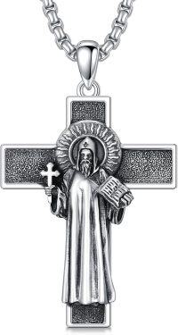 wholesale 925 Sterling Silver Saint Benedict Cross Pendant Necklace  with Chain - Religious Protection Charm Jewelry for Men-St Benedict
