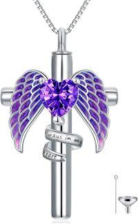 wholesale Sterling Silver Birthstone Angel Wing Cross Rose Heart Cremation Urn Necklace for Women with Funnel Kit ( chars)-Cross Non-personalized 02-Feb-Amethyst-Cross Personalized 02-Feb-Amethyst