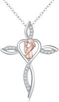 wholesale 925 Sterling Silver Floral Heart Cross Necklace with Rose Gold Accents and Cubic Zirconia for Women Men - Religious s-0-0