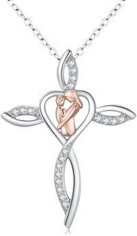 wholesale 925 Sterling Silver Floral Heart Cross Necklace with Rose Gold Accents and Cubic Zirconia for Women Men - Religious s-Mom Daughter Cross