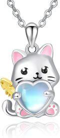 wholesale 925 Sterling Silver Heart-Shaped Moonstone Cat Pendant Necklace with Pink Ears and Gold Wings for Women Girls -0-0