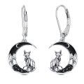 wholesale 925 Sterling Silver Fox Crescent Moon Black Crystal Drop Earrings-0-0