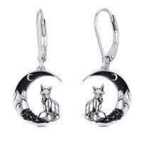 wholesale 925 Sterling Silver Fox Crescent Moon Black Crystal Drop Earrings-Fox