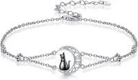 wholesale 925 Sterling Silver Cat Moon Anklet with Paw Prints and Black Enamel Centerpiece for Women-Black Cat-Anklet 9''-11''