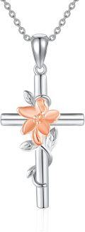wholesale 925 Sterling Silver Floral Cross Pendant Necklace with Pink Carnation and White Lily Birthstone Charm for Women-0-0