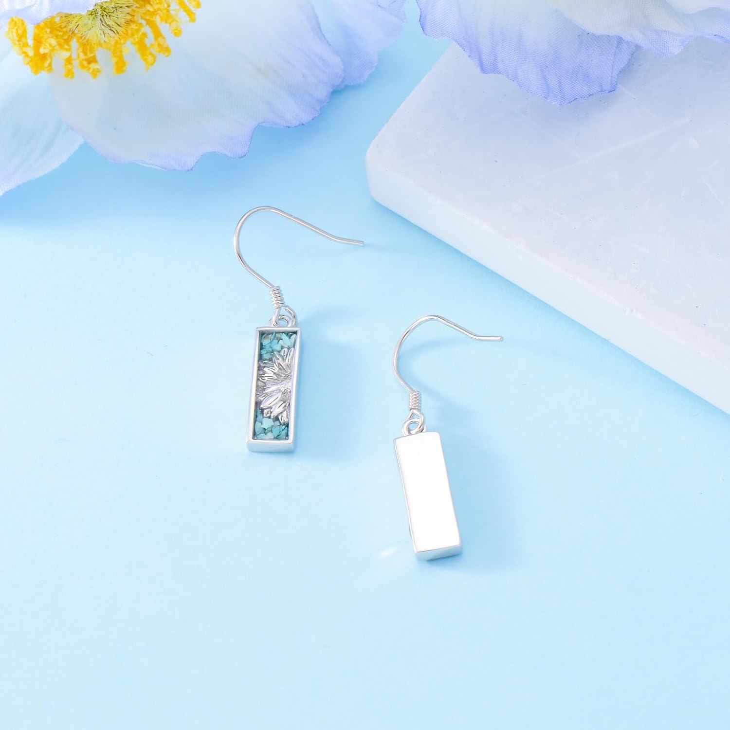 925 Sterling Silver Turquoise Flower Drop Earrings-0-3