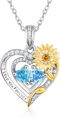wholesale Sterling Silver 2 Birthstones Sunflower Heart Necklace for Women-03-12-Mar-Dec