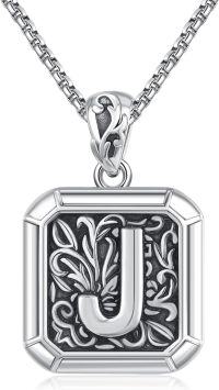 wholesale Sterling Silver Square Initial Letter Necklace Unisex Retro Pendant Jewelry Gift-Initial J