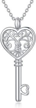 wholesale 925 Sterling Silver Heart-Shaped Key Pendant Necklace with Tree of Life Design for Women-0-0