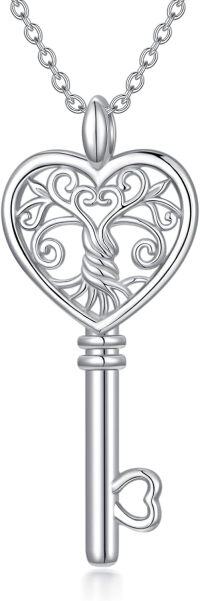 wholesale 925 Sterling Silver Heart-Shaped Key Pendant Necklace with Tree of Life Design for Women-Silver