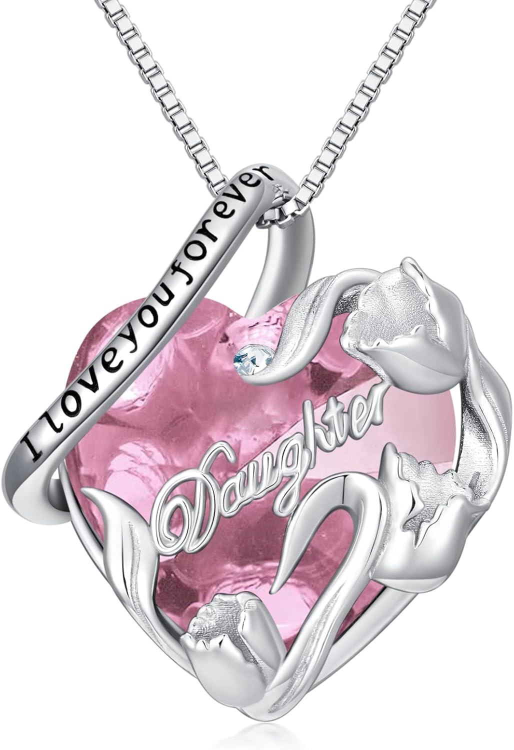Sterling Silver Sterling Silver Stone Daughter Heart Pendant Necklace from Dad Mom I Love You Forever Jewelry-12-10-October-Pink