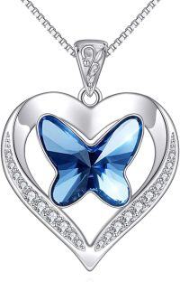 wholesale 925 Sterling Silver Blue Crystal Butterfly & Heart Pendant Necklace for Women-Heart Butterfly Blue Crystal