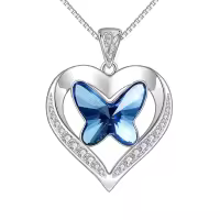 wholesale 925 Sterling Silver Blue Crystal Butterfly & Heart Pendant Necklaces Wholesale for Women-Heart Butterfly Blue Crystal