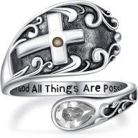 wholesale Sterling Silver with 12 Teardrop Birthstones Vintage Cross Spoon Ring With God All Things Possible Adjustable Faith Ring-April