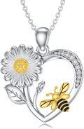wholesale 925 Sterling Silver Daisy Flower and Honeybee Heart Pendant Necklace for Women Mothers' Gifts on Valentine's Day & Christmas-0-0