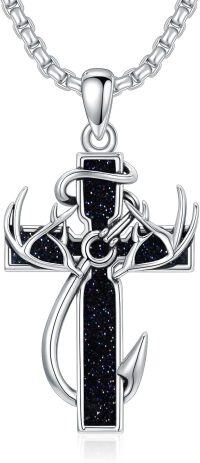 wholesale Sterling Silver Deer Antler Cross Necklace for Men Hunting Jewelry Gift-2-12-Blue Sandstone