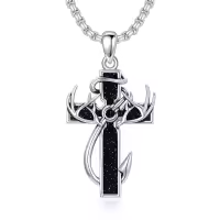 wholesale 925 Sterling Silver Black Enamel Deer Antlers Cross Pendant Necklace with Stainless steel chain for Men -2-12-Blue Sandstone