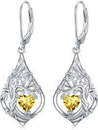 wholesale 925 Sterling Silver 12 Months Birthstone Crystal Tree of Life Earrings-11-Nov-Citrine