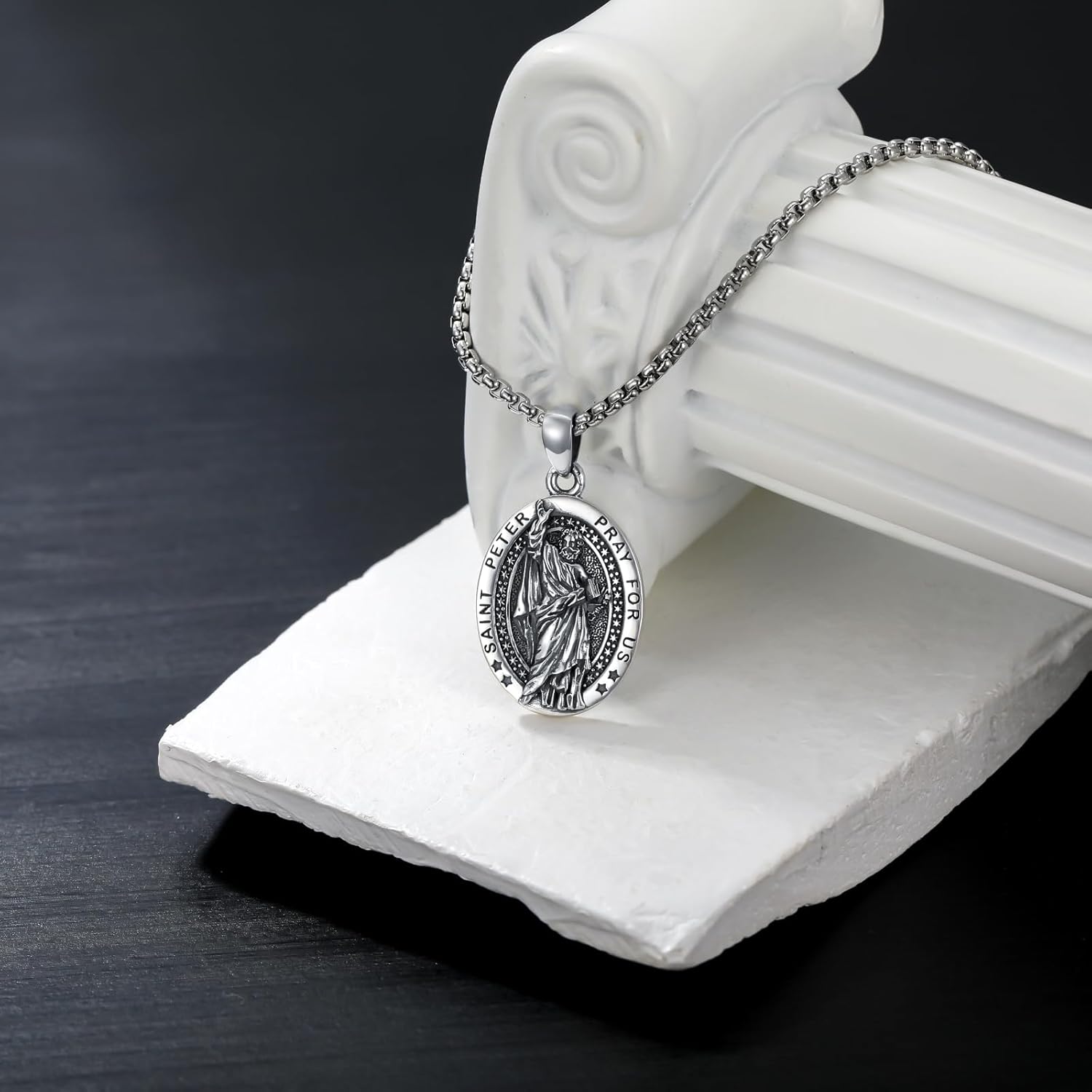 wholesale 925 Sterling Silver Saint Peter Pendant Prayer for Us Charm Chain Necklace  45cm Length with Stainless Steel Chain-0-2