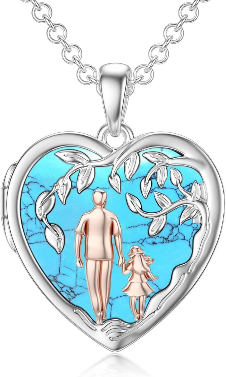 Sterling Silver Abalone Shell Daughter Locket Necklace Gift from Mom Dad-02-02-Father Daughter Locket-Turquoise-02-02-Father Daughter Locket-Simulated Turquoise+ Photo