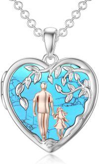 wholesale 925 Sterling Silver Heart Locket Necklace Wholesale Father Daughter Walk Together Photo Frame-02-02-Father Daughter Locket-Turquoise-02-02-Father Daughter Locket-Simulated Turquoise+ Photo