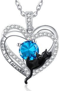 wholesale Sterling Silver Birthstone Cat Projection Heart Pendant Necklace-12 Dec - Topaz-12 Dec - Topaz