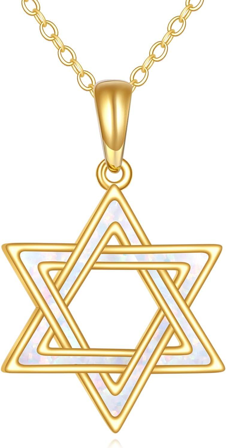  14K Gold White Opal Star of David Pendant Jewelry Gift for Women ( )-0-0