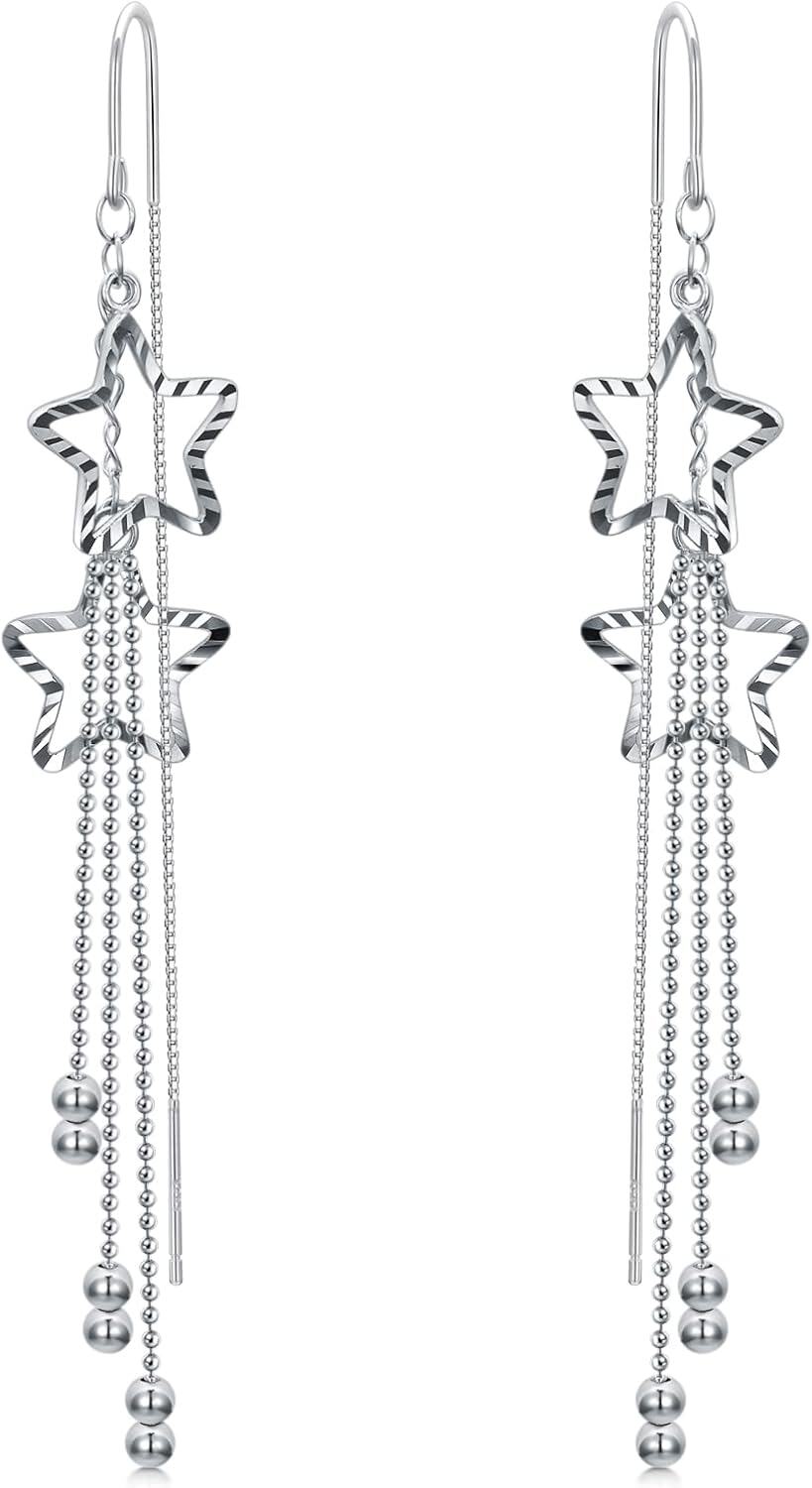 925 Sterling Silver Moon Star Threader Earrings w/ Tassel Chain for Women & Teens - Hypoallergenic-0-0