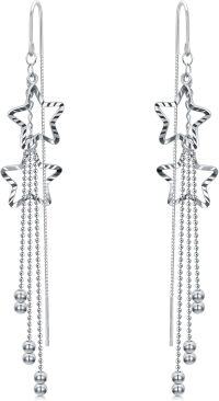 wholesale 925 Sterling Silver Moon Star Threader Earrings w/ Tassel Chain for Women & Teens - Hypoallergenic-Lucky Star Silver
