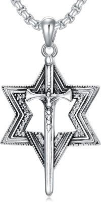 wholesale 925 Sterling Silver Protection Pendant with Star of David and Cross Charm on Box Chain Necklace for Men & Women-Star of David Sword