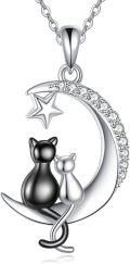 wholesale 925 Sterling Silver Moon & Cats Pendant Necklace with Cubic Zirconia Stones - Gifts for Her-0-0