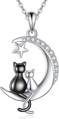 wholesale 925 Sterling Silver Moon & Cats Pendant Necklace with Cubic Zirconia Stones - Gifts for Her-2-Black Cat Necklace